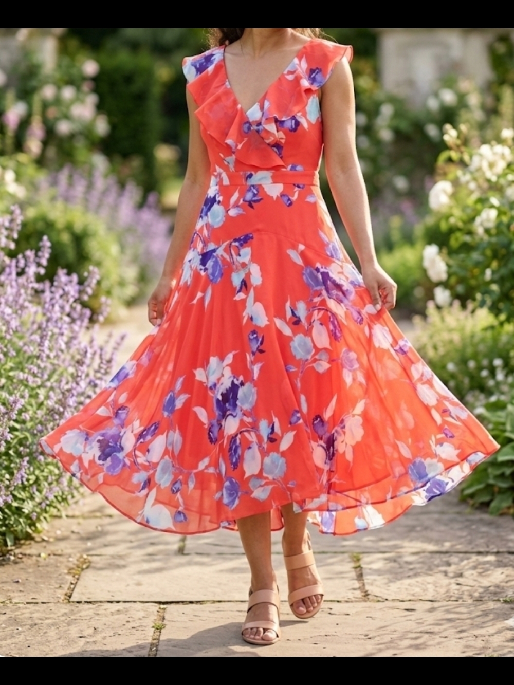 Eliza J Coral Floral Ruffle V-Neck Swing Midi Dress